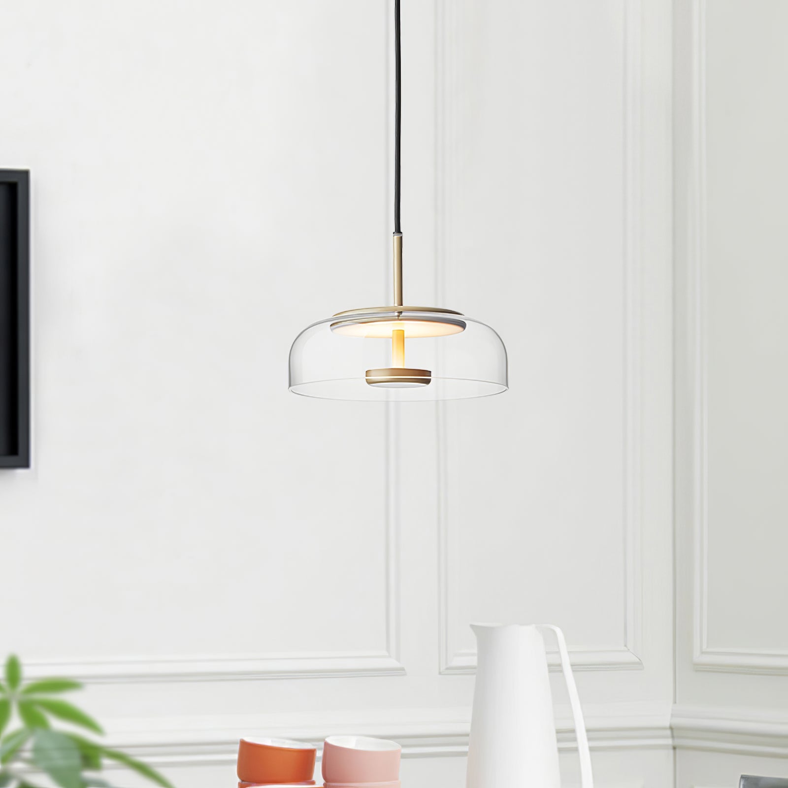 Modern Round Glass and Brass Pendant Light Fixture for Contemporary Interior Lighting