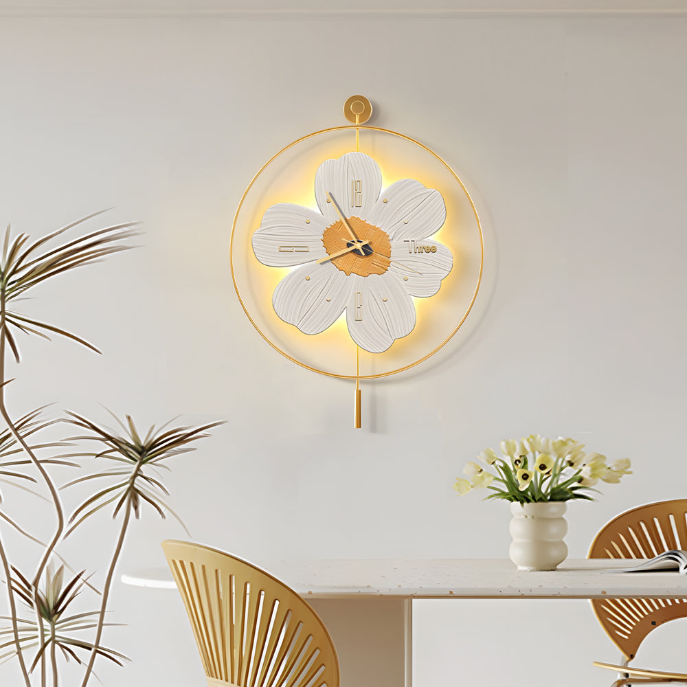 Modern Round Metal Floral LED Wall Clock for Living Room Silent Battery Operated