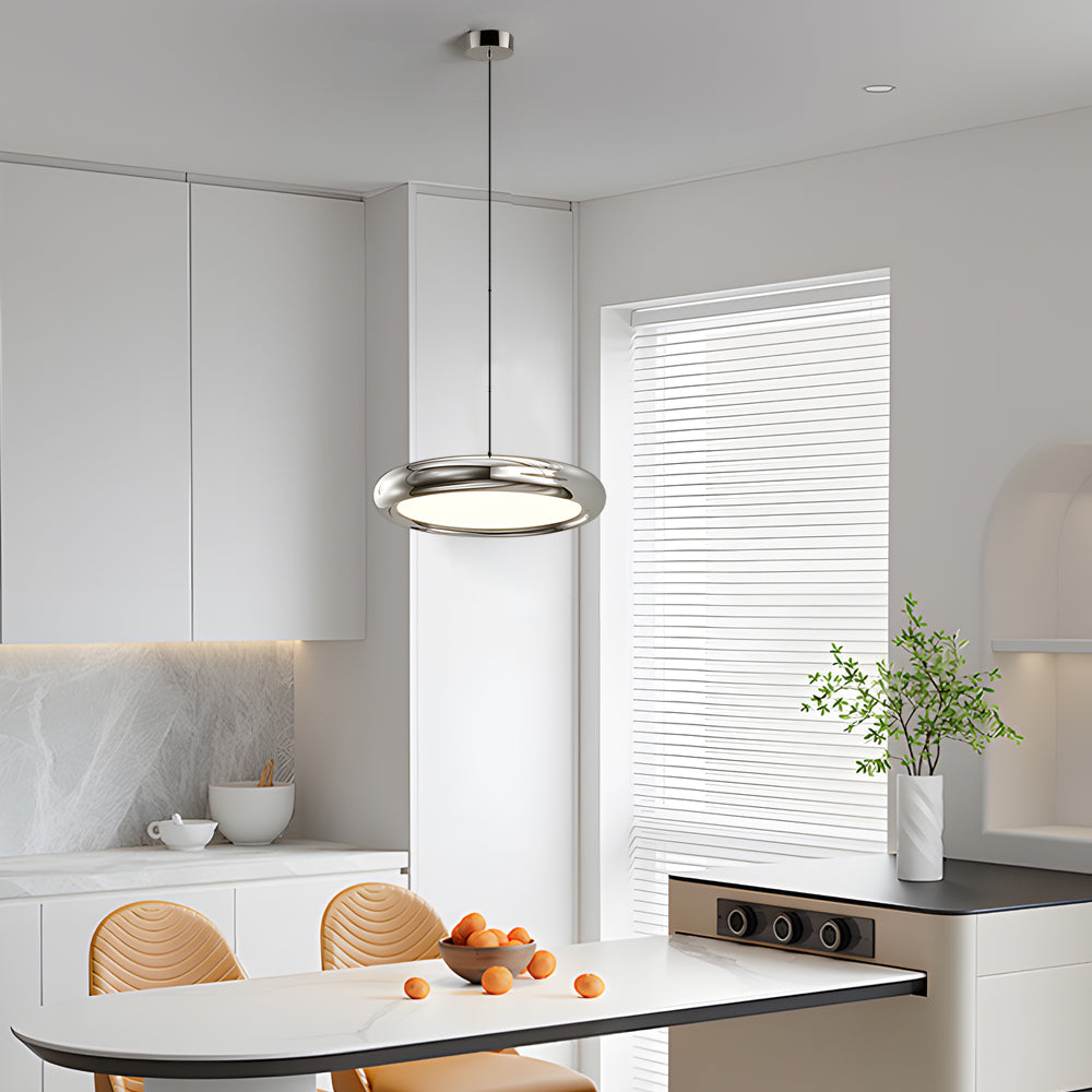 Modern Round Metallic LED Pendant Light for Kitchen Island and Dining Room Black or Chrome