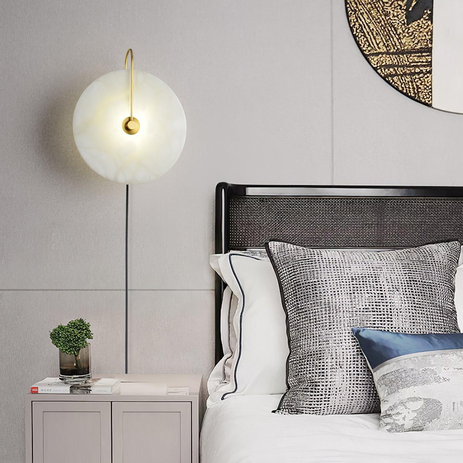 Modern Round Natural Alabaster LED Plug In Wall Sconce Ambient Indoor Lighting Fixture