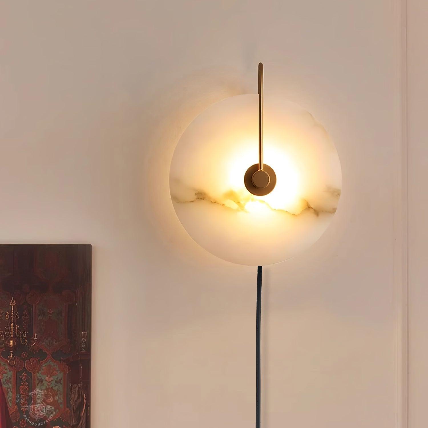 Modern Round Natural Alabaster LED Plug In Wall Sconce Ambient Indoor Lighting Fixture