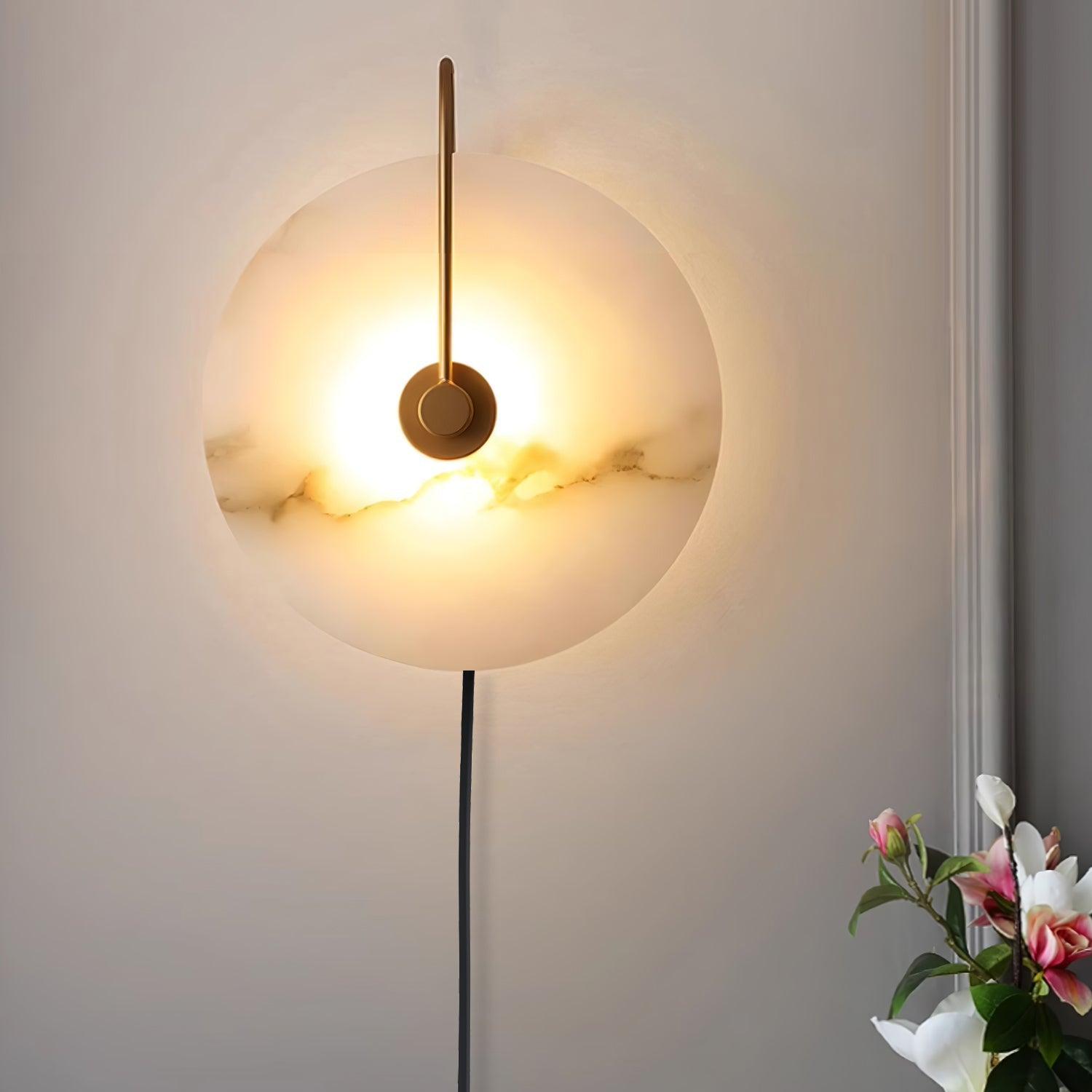 Modern Round Natural Alabaster LED Plug In Wall Sconce Ambient Indoor Lighting Fixture