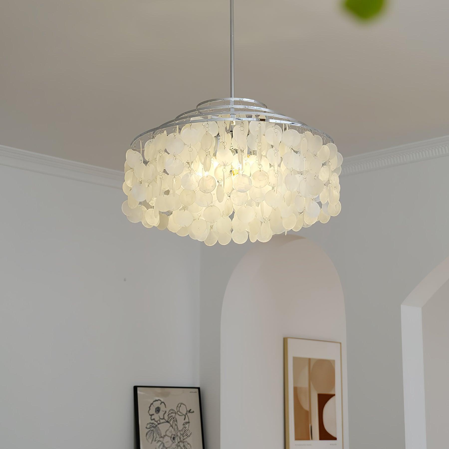 Modern Round Natural Shell Chandelier Luxury Coastal Pendant Lighting for Dining Room