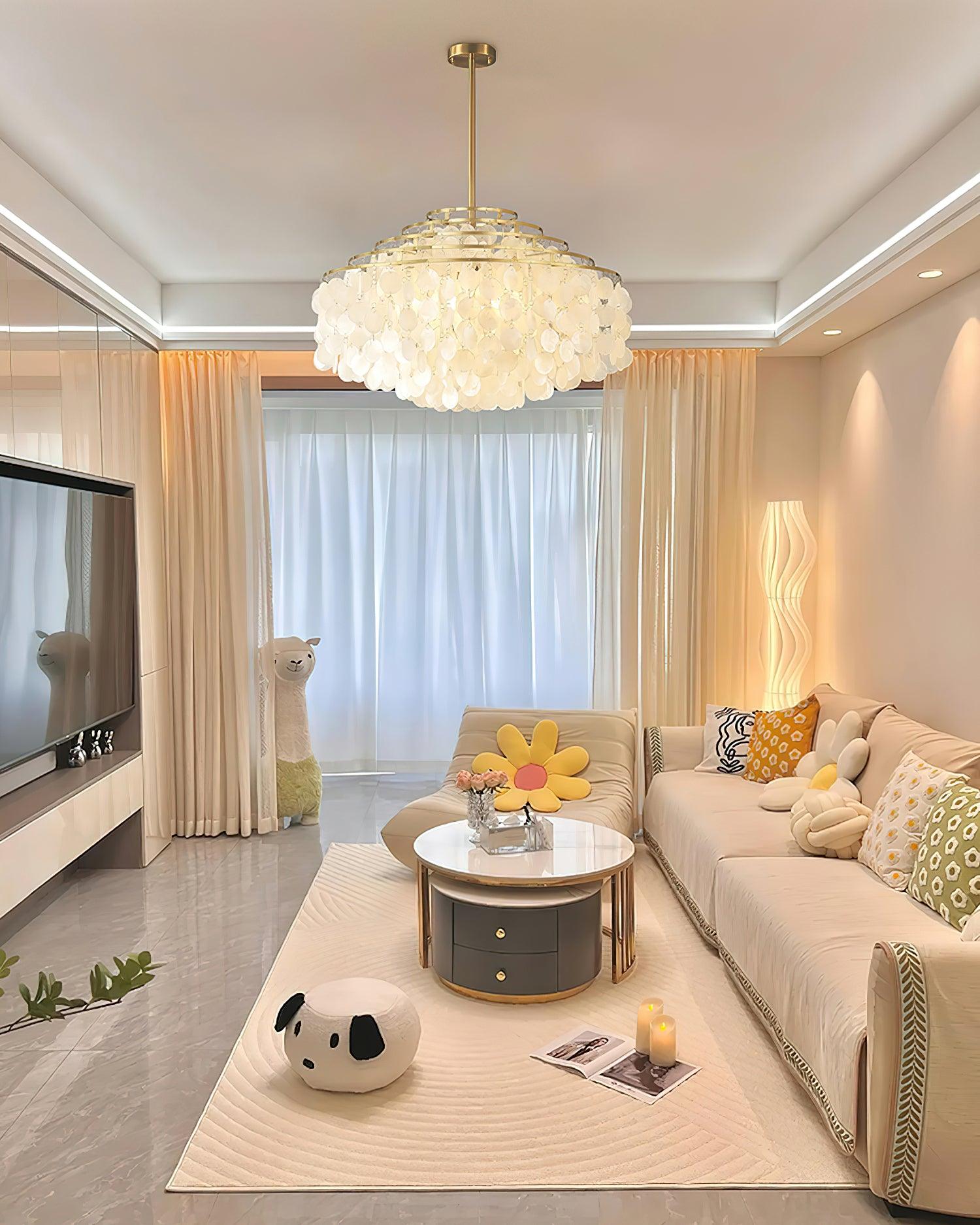 Modern Round Natural Shell Chandelier Luxury Coastal Pendant Lighting for Dining Room