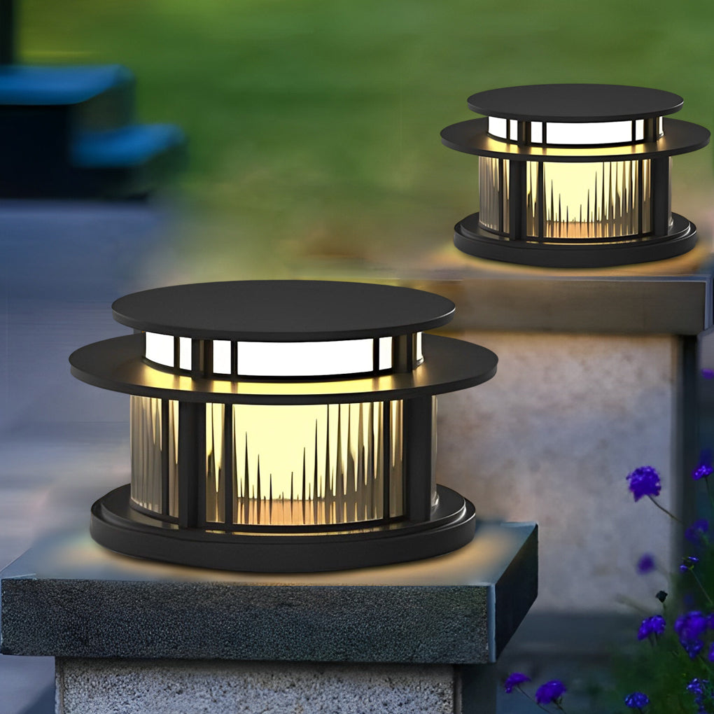 Modern Round Outdoor Waterproof Solar Post Light Black LED Pillar Cap Lantern for Garden Fences