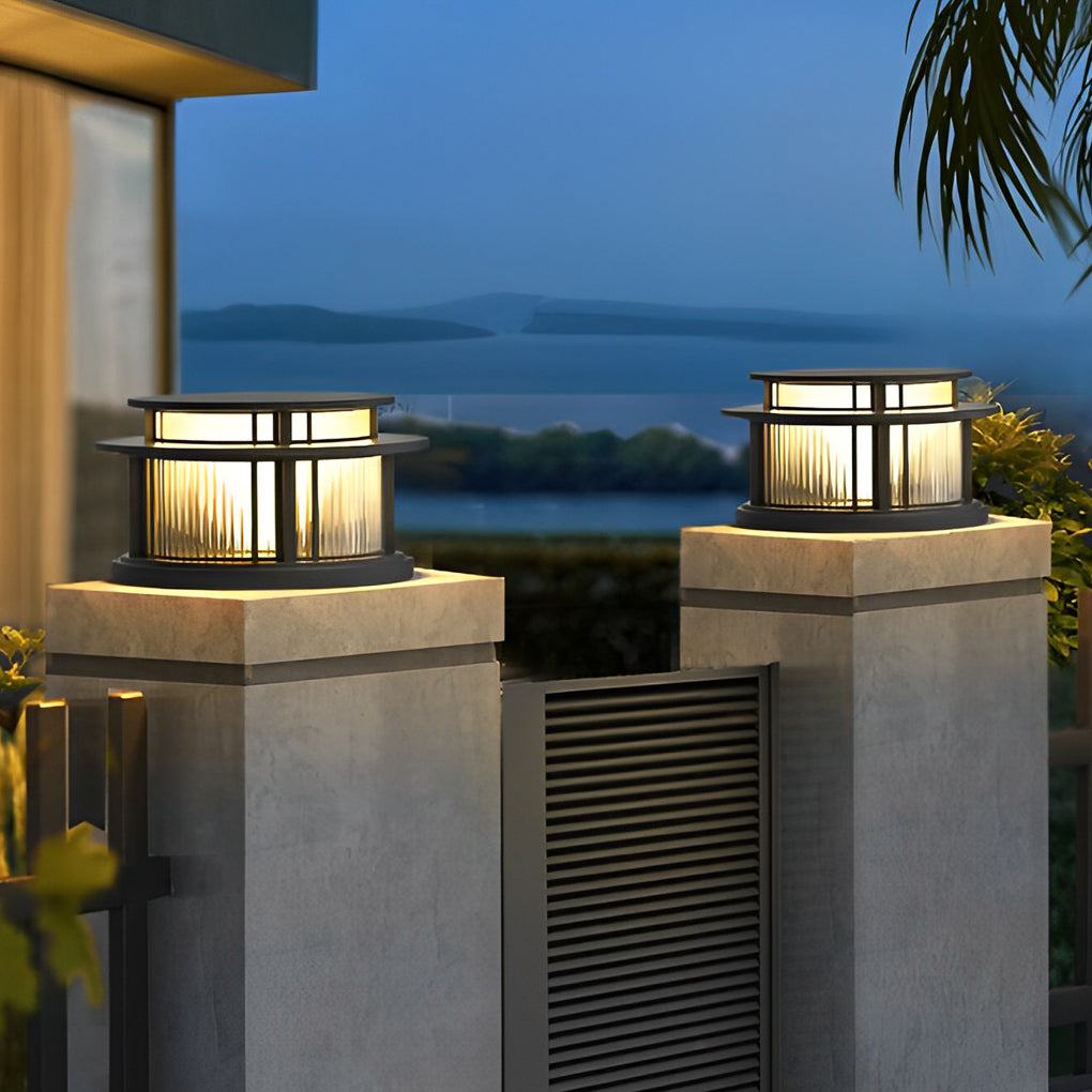 Modern Round Outdoor Waterproof Solar Post Light Black LED Pillar Cap Lantern for Garden Fences