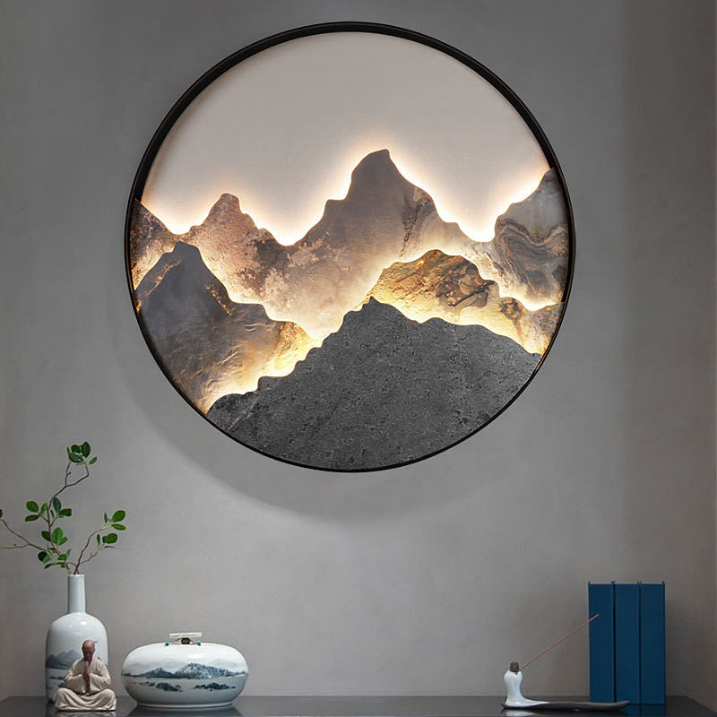 Modern Round Rock Slab Wall Sconce with Mountain Scenery Painting LED Lighting