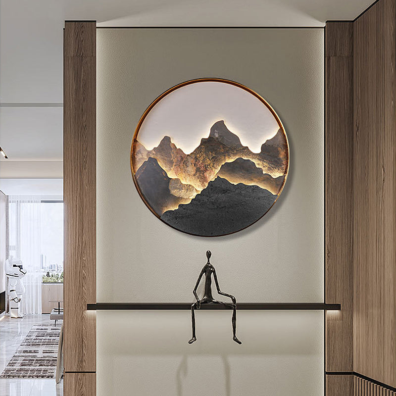 Modern Round Rock Slab Wall Sconce with Mountain Scenery Painting LED Lighting