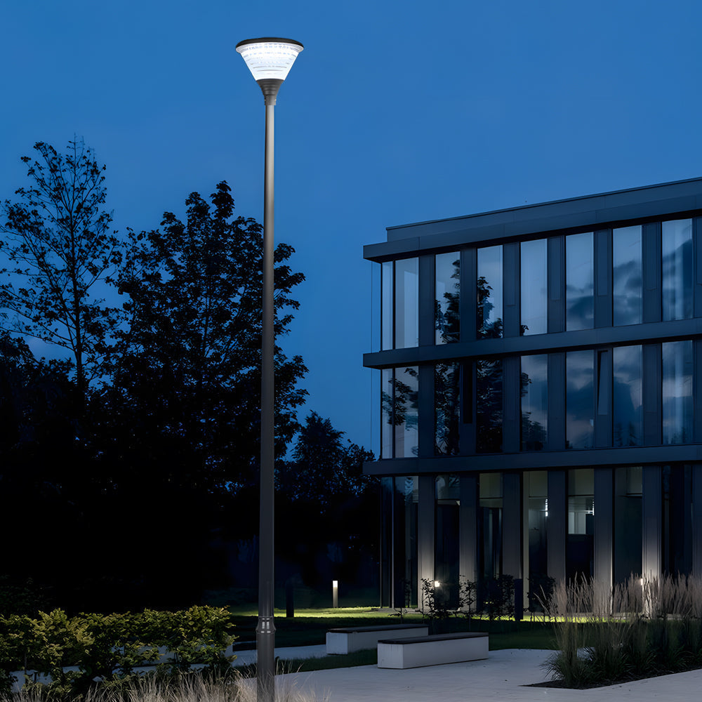 Modern Round Solar LED Outdoor Lamp Post Black Finish Dusk to Dawn Sensor Lighting
