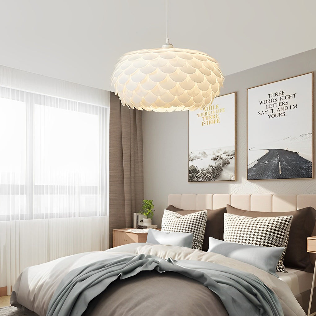 Modern Round White Fish Scale LED Pendant Light with Three Step Dimming Nordic Hanging Lamp