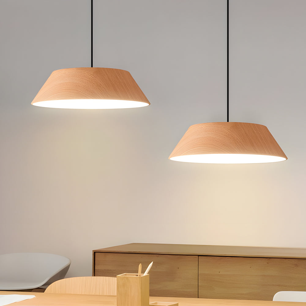 Modern Round Wood Grain LED Pendant Light Japanese Style 15 Inch Nordic Hanging Lamp