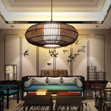 Modern Rustic Dark Brown Bamboo Round Pendant Light for Kitchen Island and Dining Room Lighting