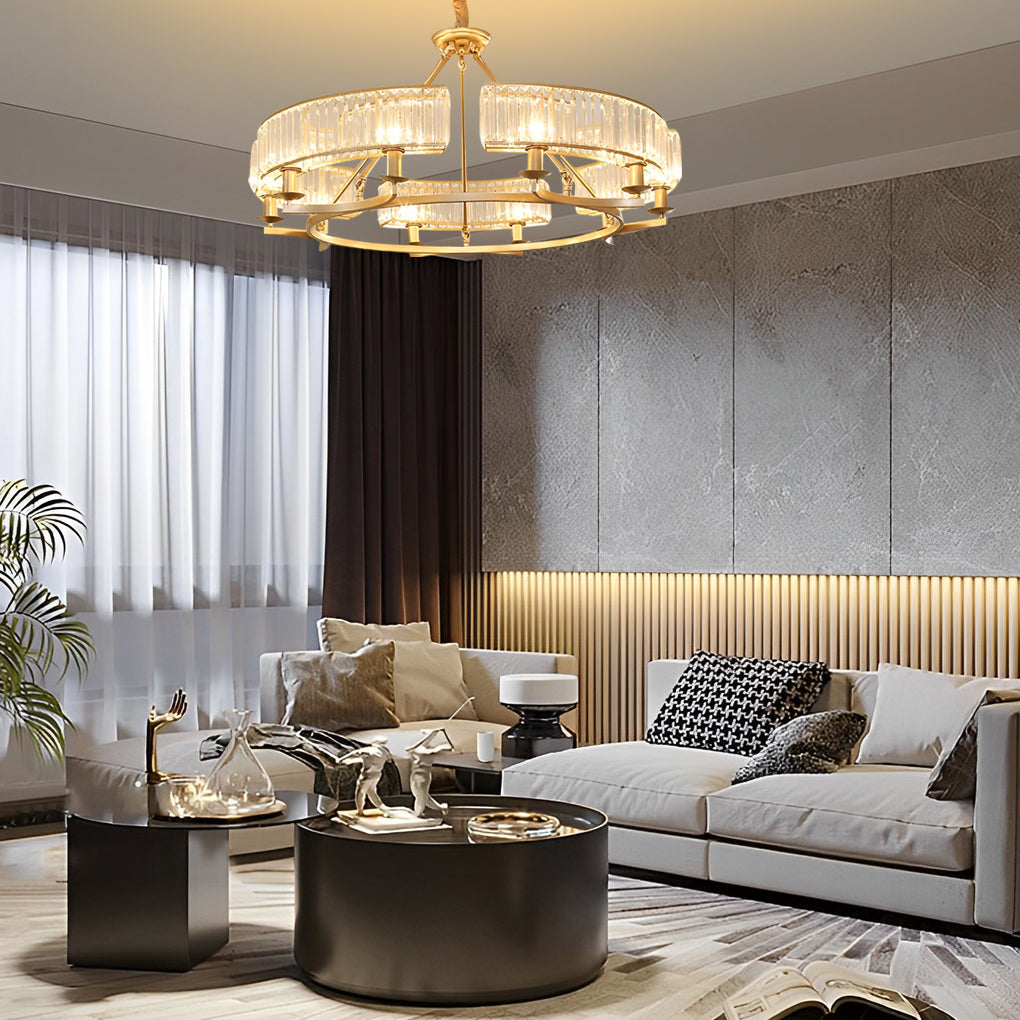Modern Rustic Round Crystal Chandelier with Three Step Dimming Metal Frame for Living Room