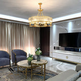 Modern Rustic Round Crystal Chandelier with Three Step Dimming Metal Frame for Living Room