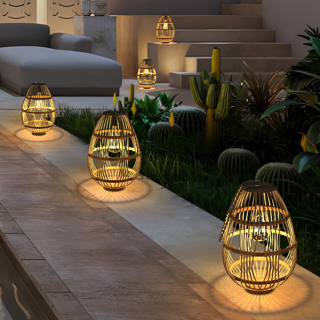 Modern Rustic Wood and Rattan Solar Garden Lantern Waterproof LED Portable Lawn Light