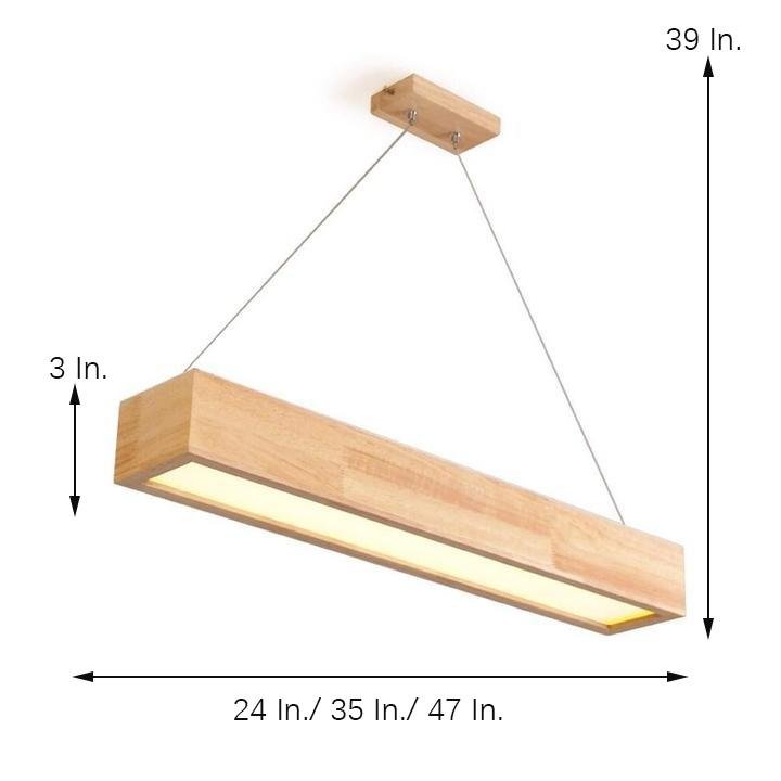 Modern Rustic Wood LED Rectangular Chandelier for Dining Room and Kitchen Island Lighting