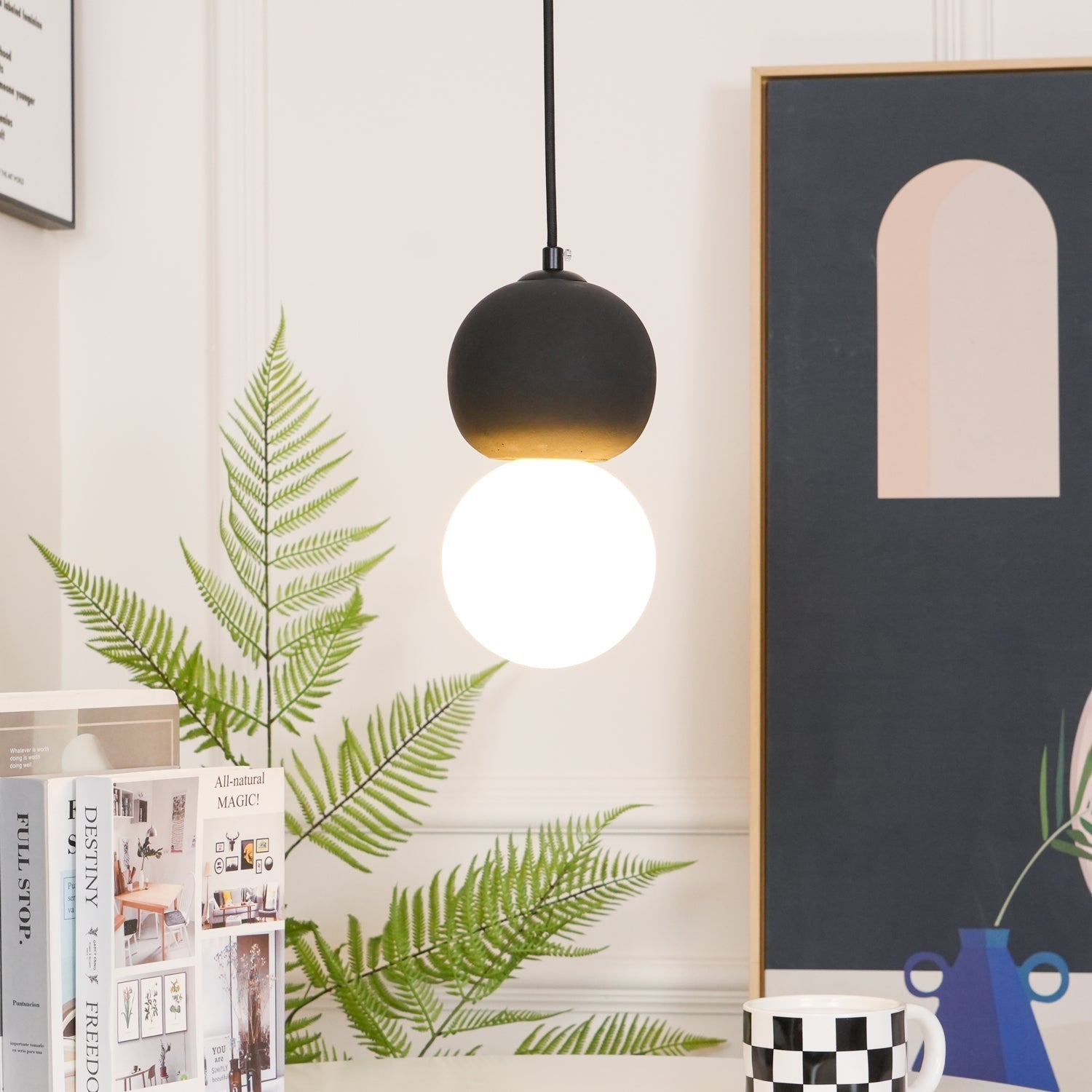 Modern Sandstone and Opal Glass Sphere Pendant Light for Minimalist Interior Decor