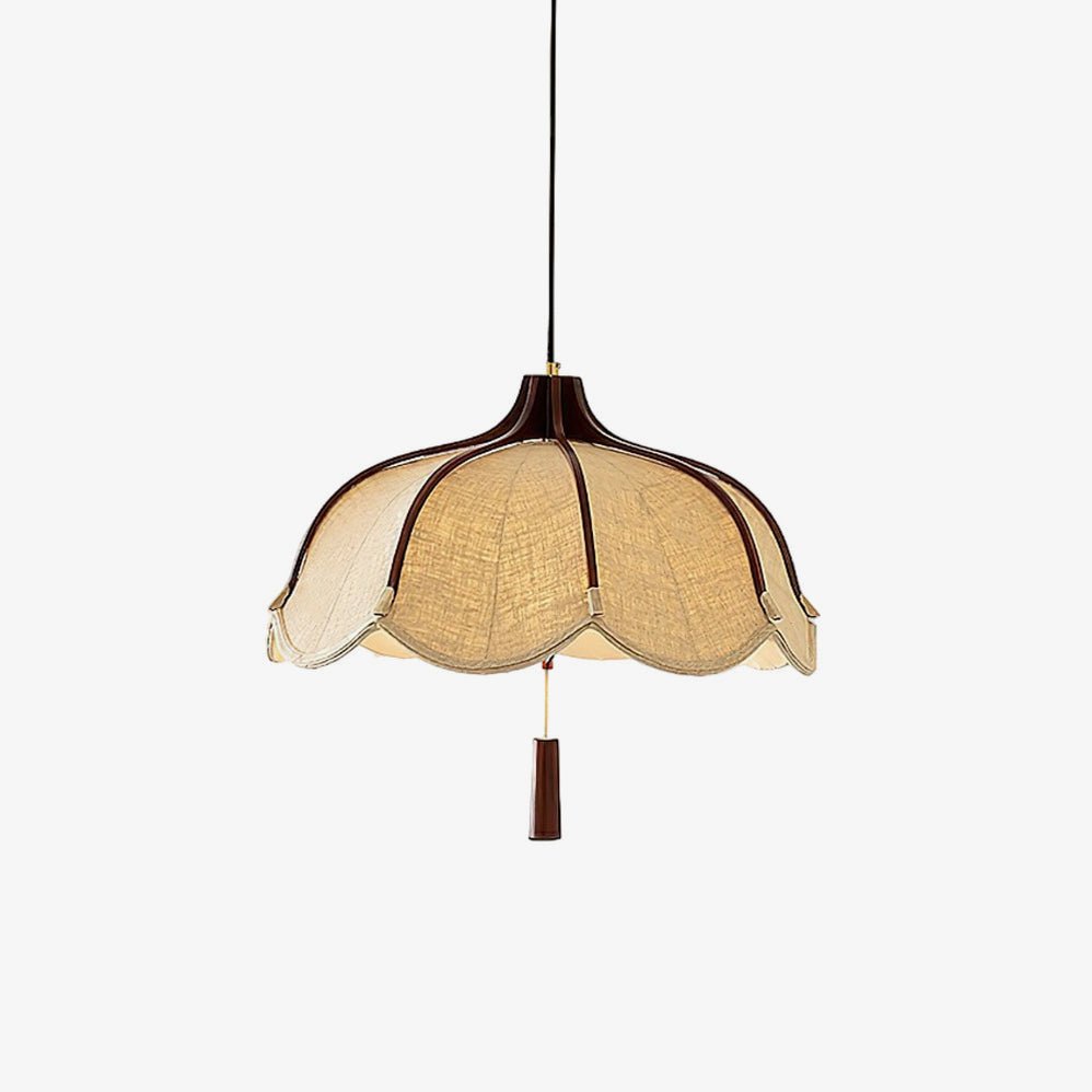 Modern Scalloped Fabric Pendant Light with Walnut Wood Accents for Kitchen and Living Room