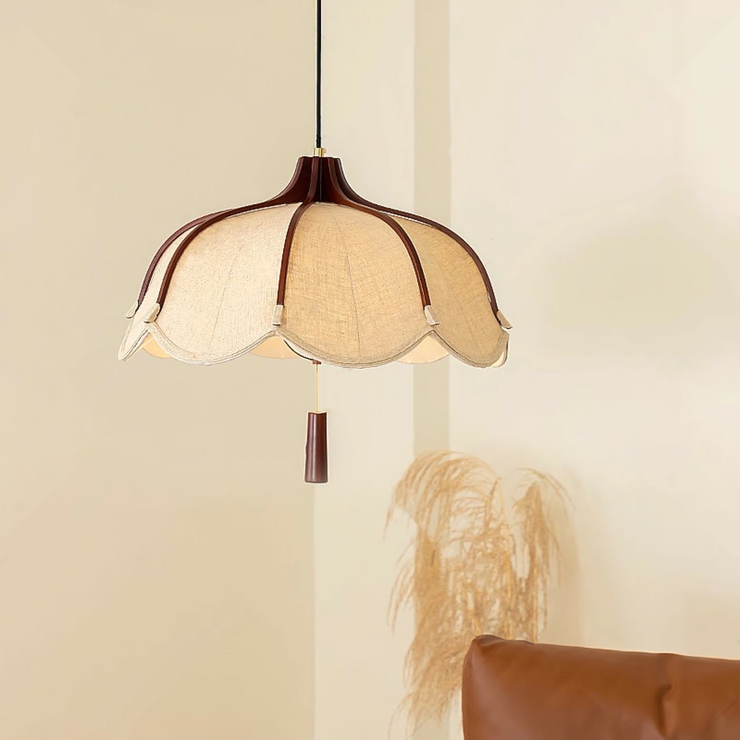Modern Scalloped Fabric Pendant Light with Walnut Wood Accents for Kitchen and Living Room