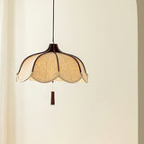 Modern Scalloped Fabric Pendant Light with Walnut Wood Accents for Kitchen and Living Room
