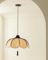 Modern Scalloped Fabric Pendant Light with Walnut Wood Accents for Kitchen and Living Room