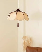 Modern Scalloped Fabric Pendant Light with Walnut Wood Accents for Kitchen and Living Room