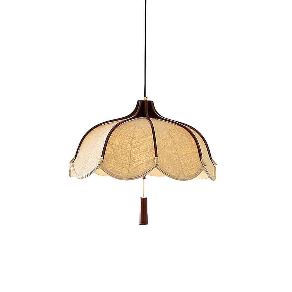 Modern Scalloped Fabric Pendant Light with Walnut Wood Accents for Kitchen and Living Room