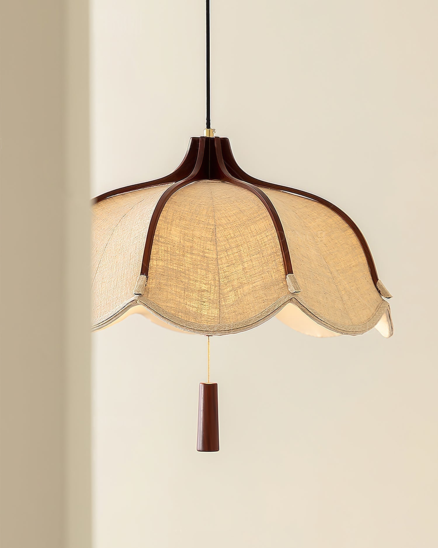 Modern Scalloped Fabric Pendant Light with Walnut Wood Accents for Kitchen and Living Room