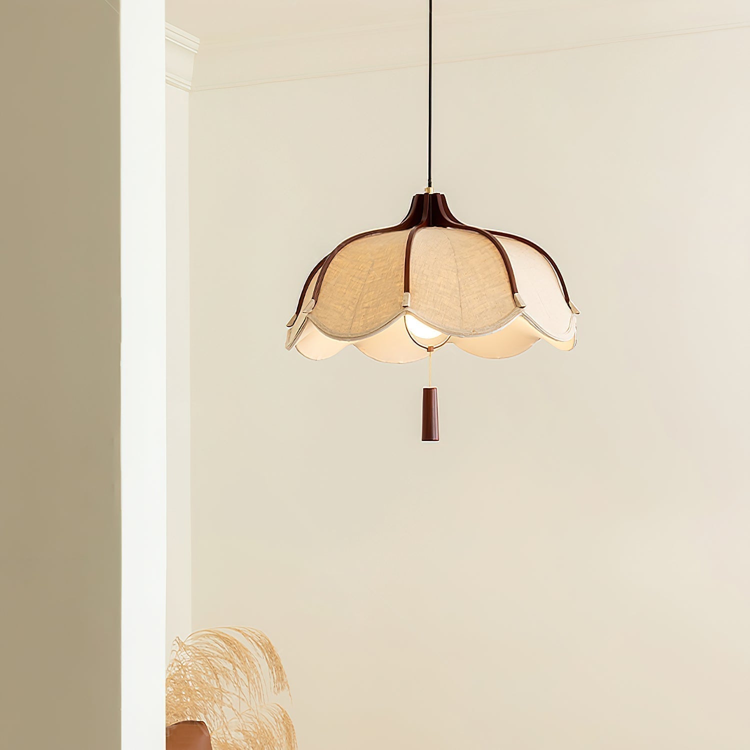 Modern Scalloped Fabric Pendant Light with Walnut Wood Accents for Kitchen and Living Room