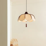 Modern Scalloped Fabric Pendant Light with Walnut Wood Accents for Kitchen and Living Room