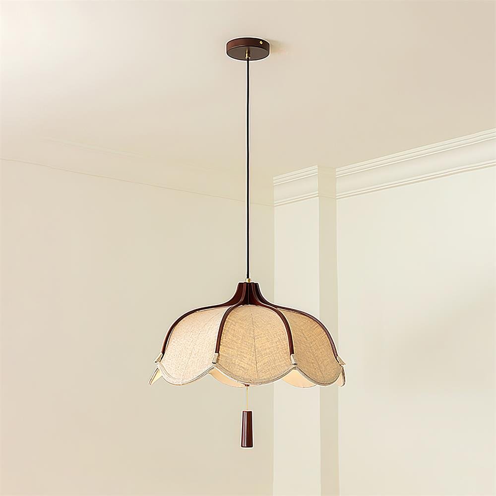 Modern Scalloped Fabric Pendant Light with Walnut Wood Accents for Kitchen and Living Room