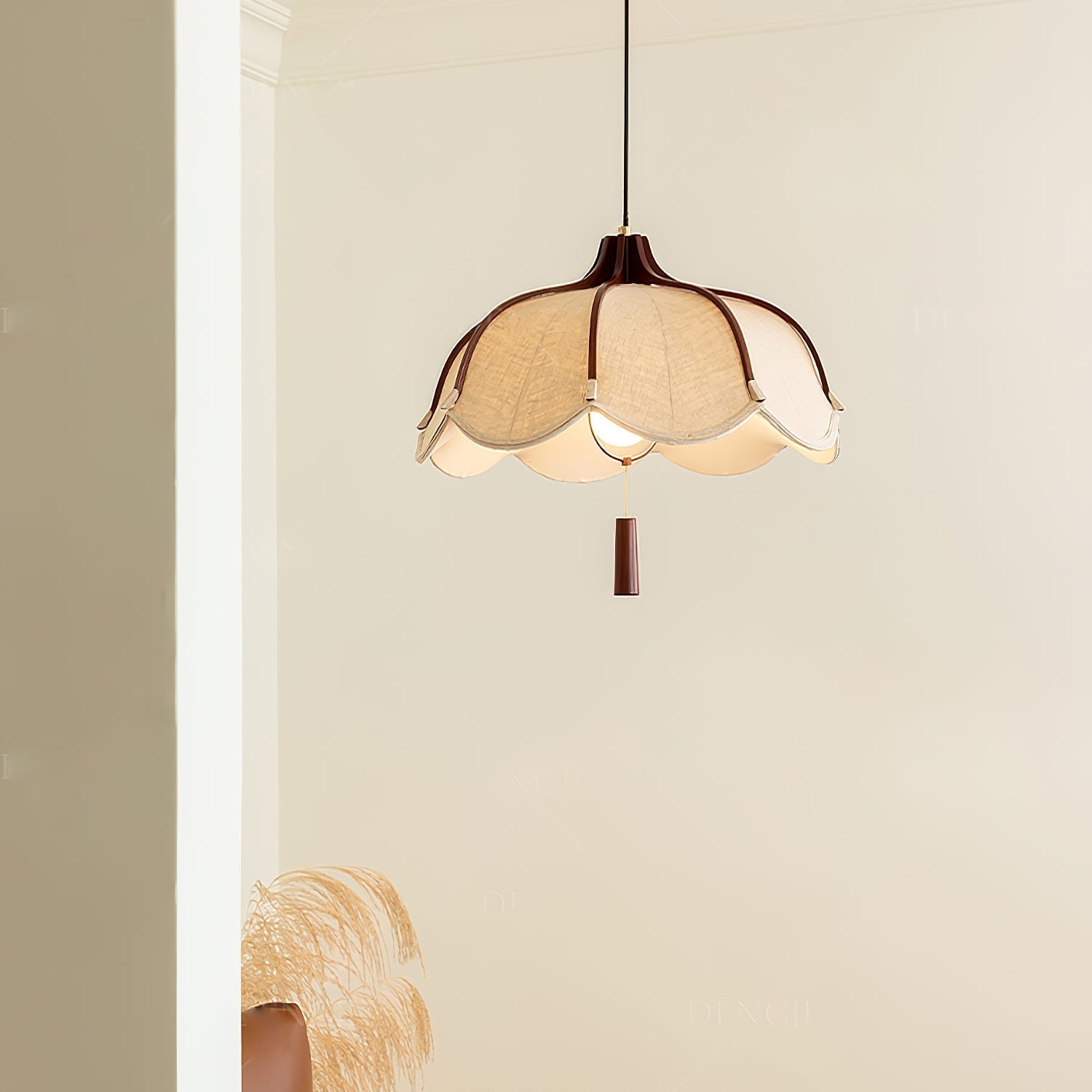 Modern Scalloped Fabric Pendant Light with Walnut Wood Accents for Kitchen and Living Room