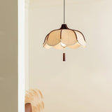 Modern Scalloped Fabric Pendant Light with Walnut Wood Accents for Kitchen and Living Room