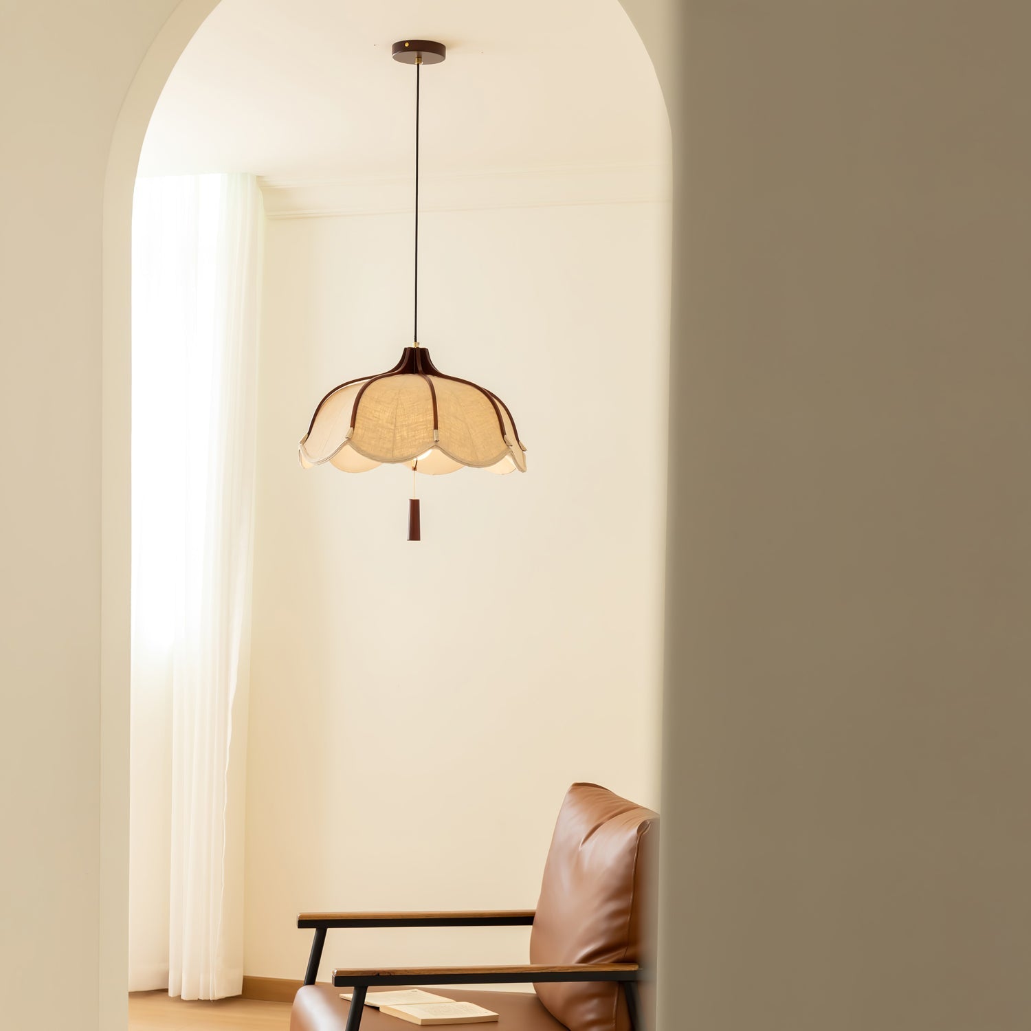 Modern Scalloped Fabric Pendant Light with Walnut Wood Accents for Kitchen and Living Room