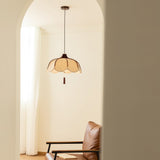 Modern Scalloped Fabric Pendant Light with Walnut Wood Accents for Kitchen and Living Room
