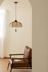 Modern Scalloped Fabric Pendant Light with Walnut Wood Accents for Kitchen and Living Room