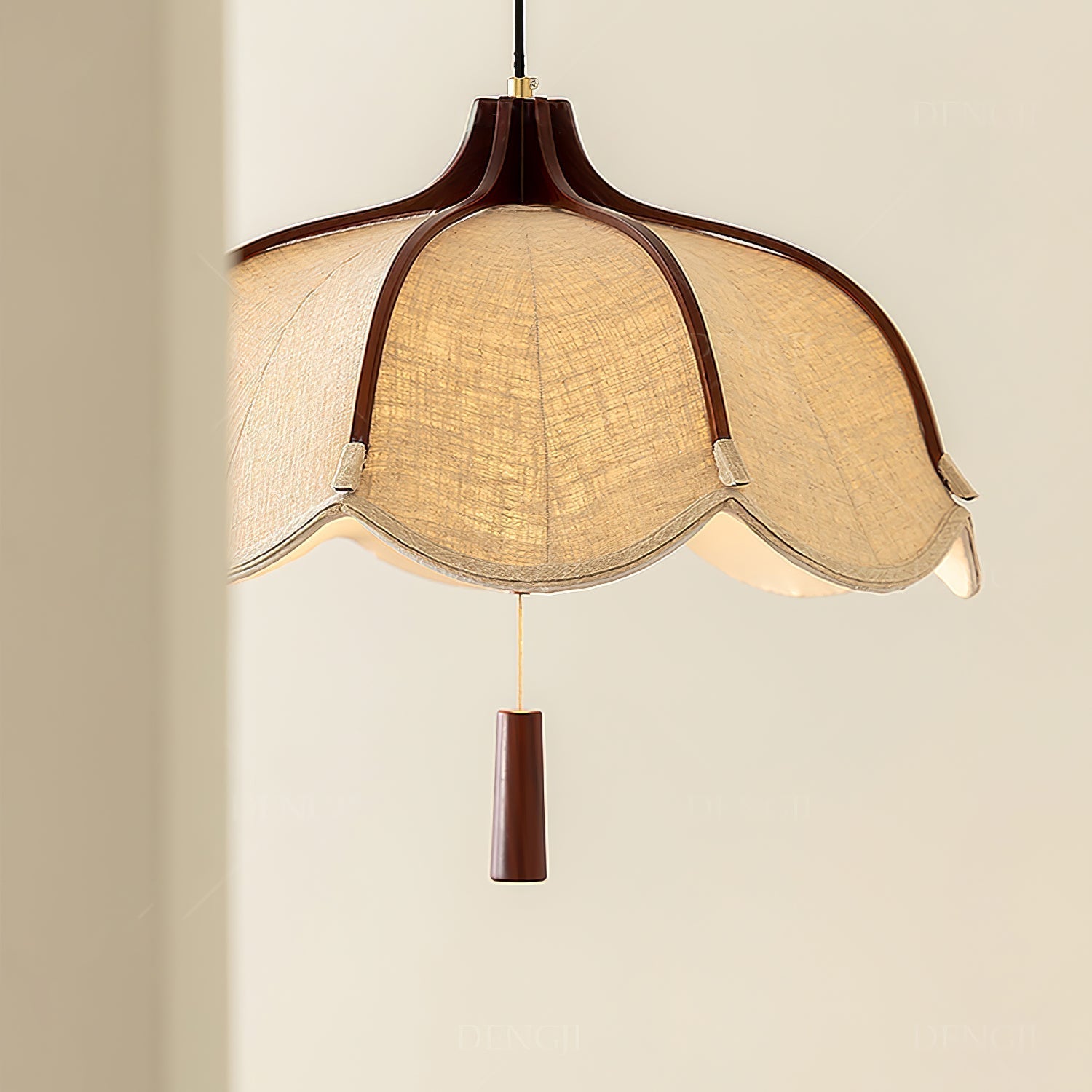 Modern Scalloped Fabric Pendant Light with Walnut Wood Accents for Kitchen and Living Room