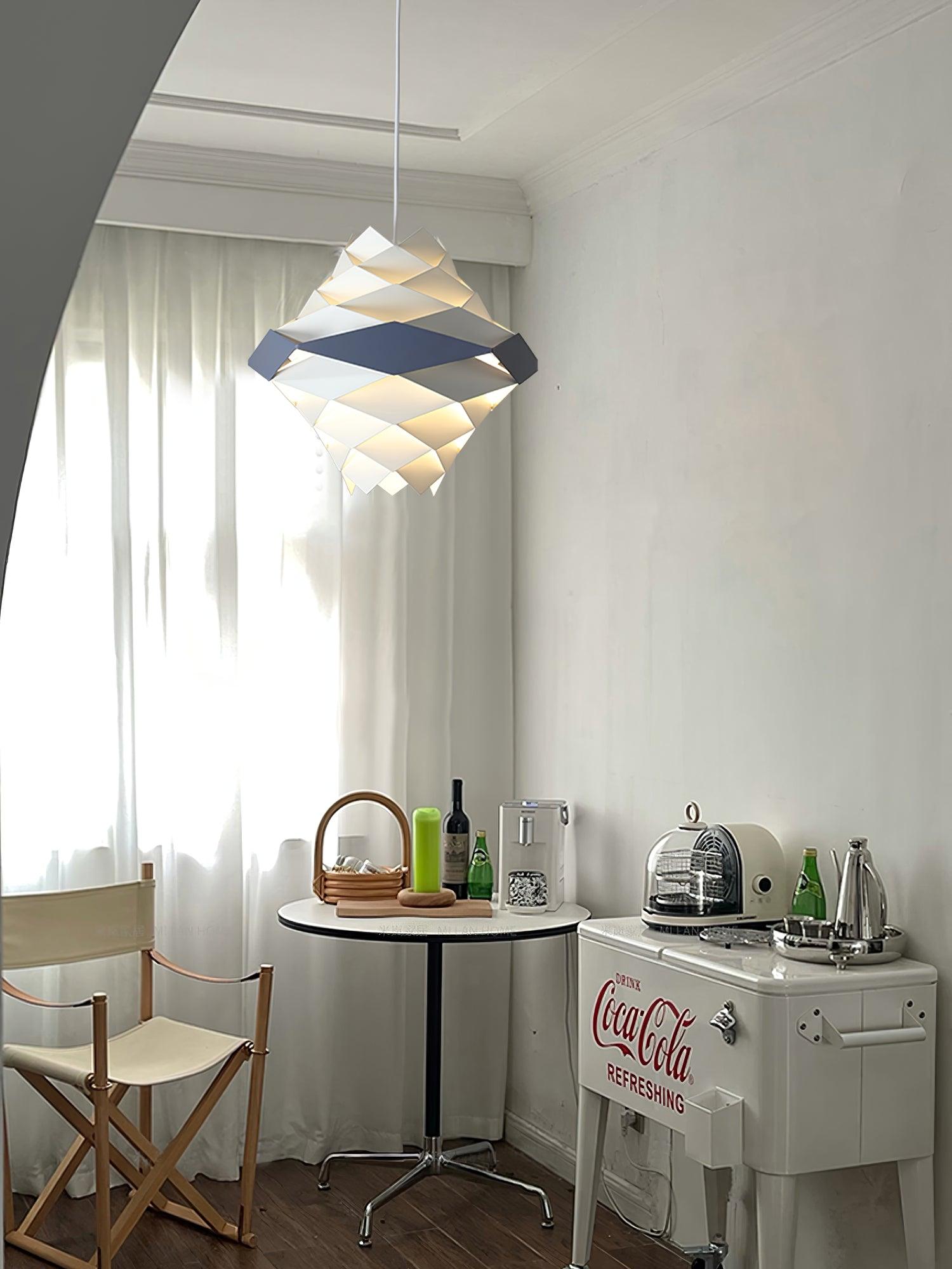 Modern Scandinavian Geometric Metal Pendant Light White and Blue Origami Style Hanging Lamp