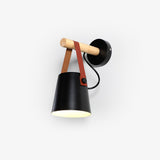 Modern Scandinavian Wood Conical Wall Sconce with Leather Strap Indoor Accent Light
