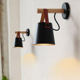 Modern Scandinavian Wood Conical Wall Sconce with Leather Strap Indoor Accent Light