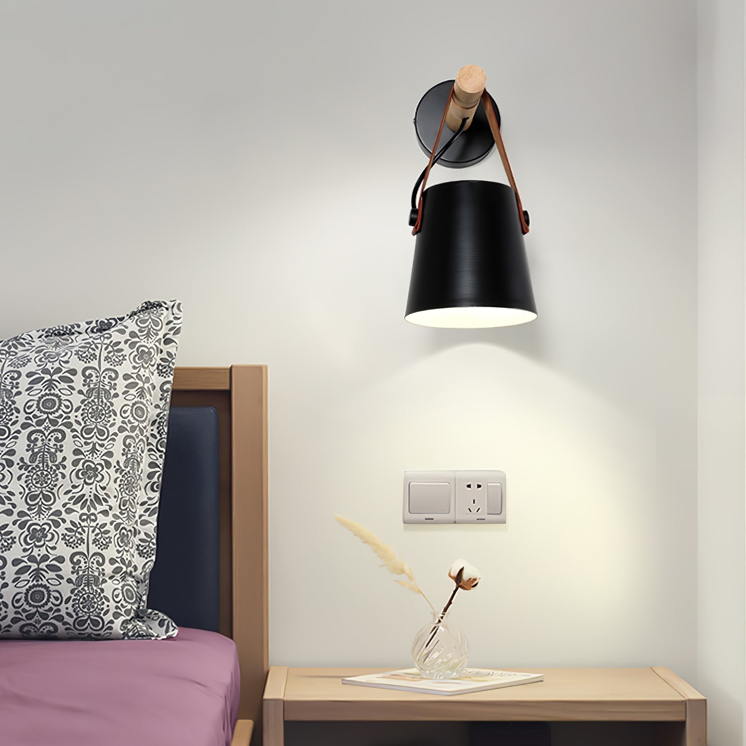Modern Scandinavian Wood Conical Wall Sconce with Leather Strap Indoor Accent Light