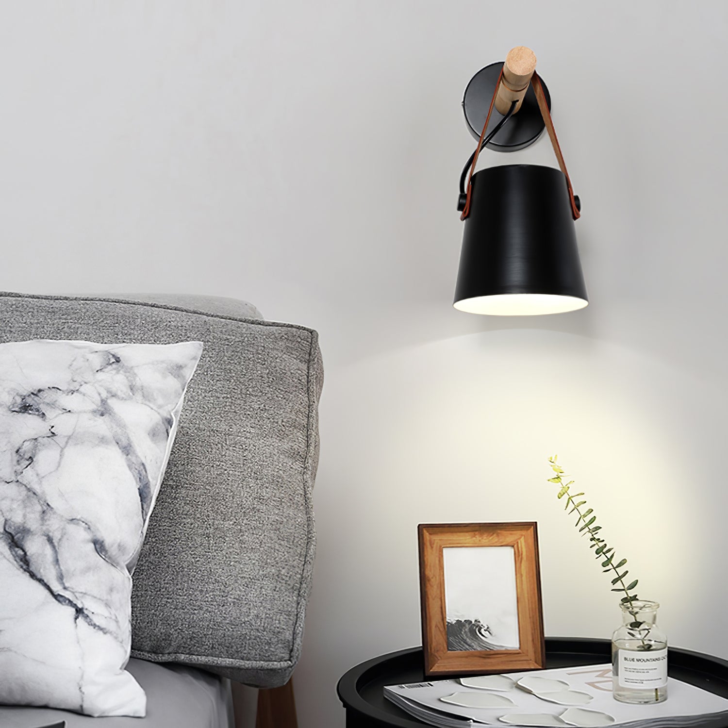 Modern Scandinavian Wood Conical Wall Sconce with Leather Strap Indoor Accent Light