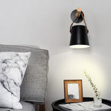 Modern Scandinavian Wood Conical Wall Sconce with Leather Strap Indoor Accent Light