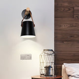 Modern Scandinavian Wood Conical Wall Sconce with Leather Strap Indoor Accent Light