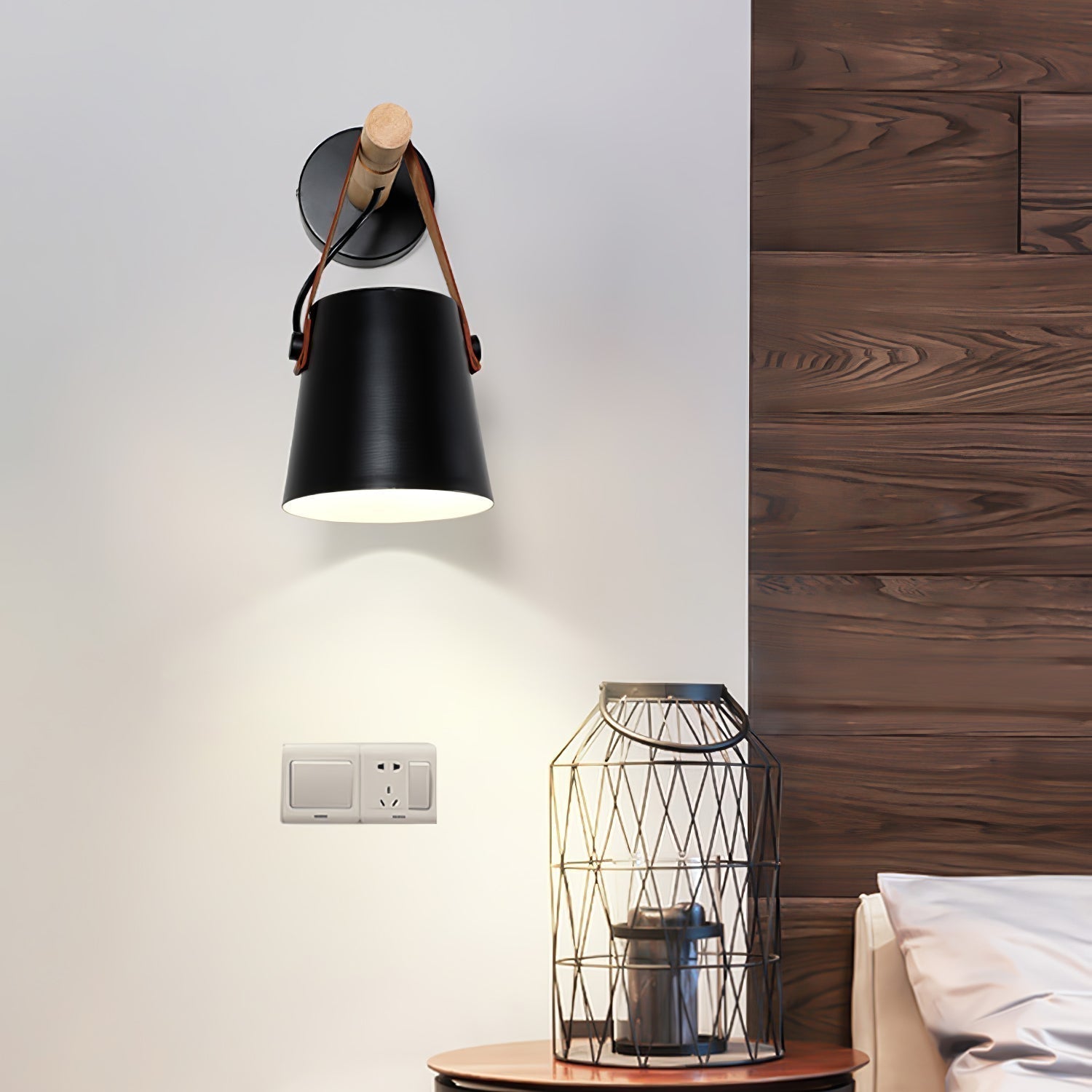 Modern Scandinavian Wood Conical Wall Sconce with Leather Strap Indoor Accent Light