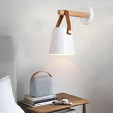 Modern Scandinavian Wood Conical Wall Sconce with Leather Strap Indoor Accent Light