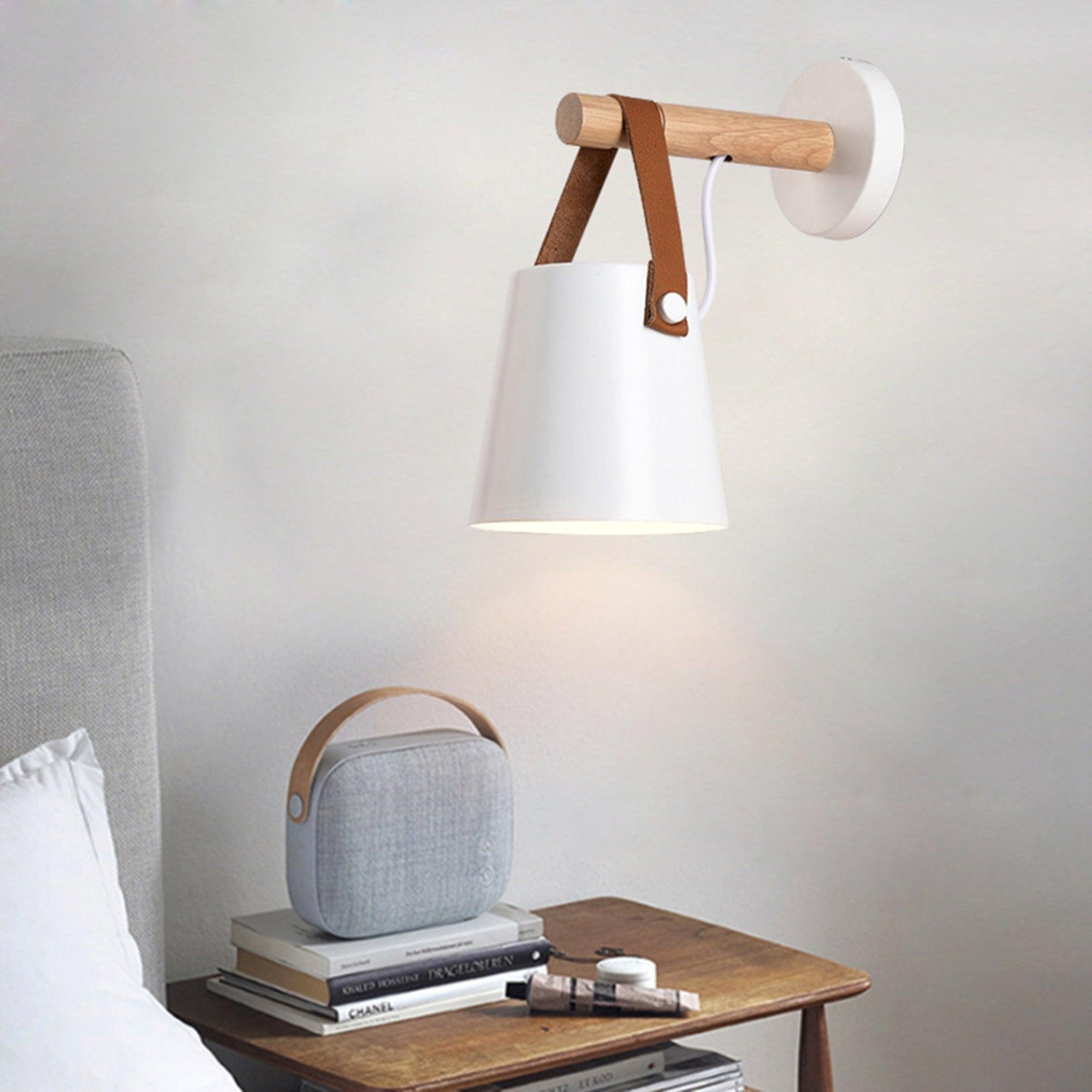 Modern Scandinavian Wood Conical Wall Sconce with Leather Strap Indoor Accent Light