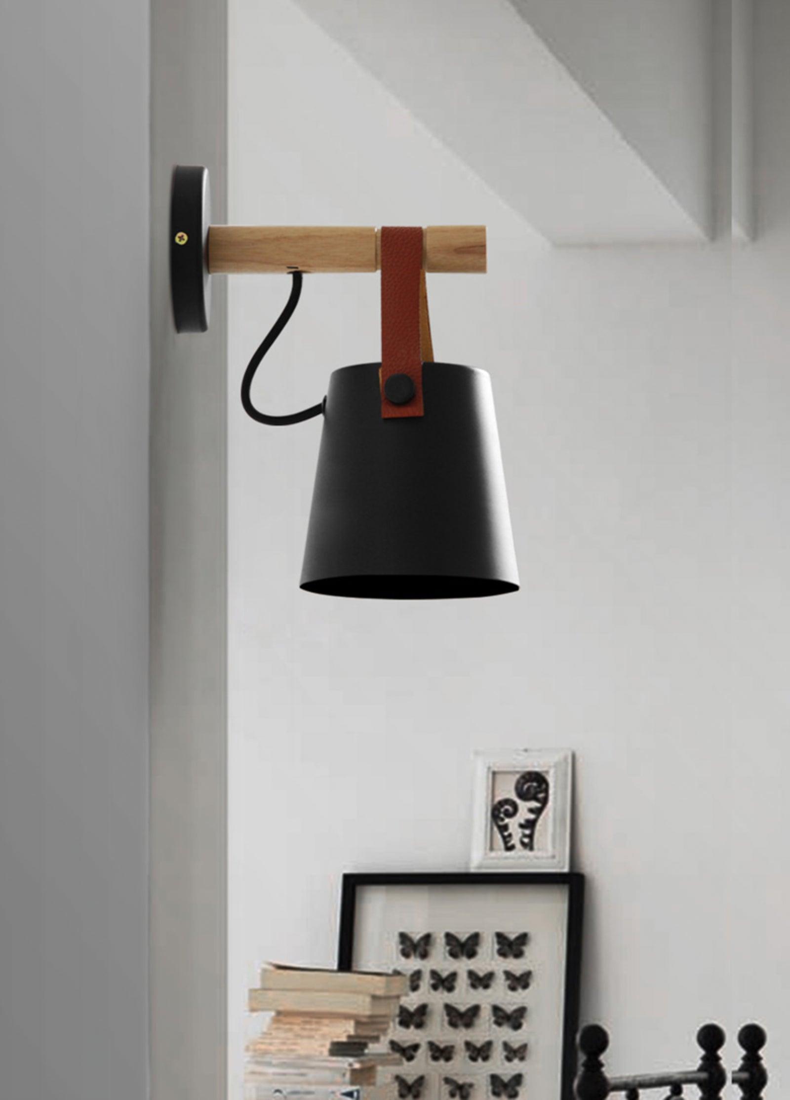 Modern Scandinavian Wood Conical Wall Sconce with Leather Strap Indoor Accent Light
