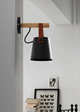 Modern Scandinavian Wood Conical Wall Sconce with Leather Strap Indoor Accent Light