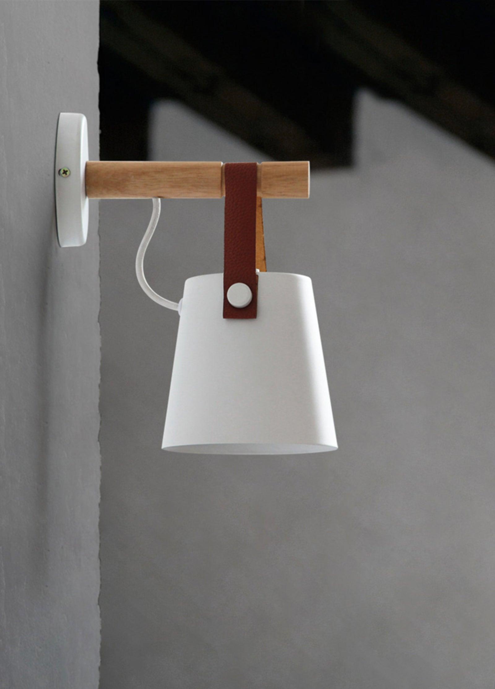 Modern Scandinavian Wood Conical Wall Sconce with Leather Strap Indoor Accent Light
